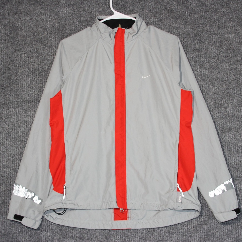 Nike Windbreaker Jacket Mens Medium Gray OrangeOra Full Zip Reflective Running